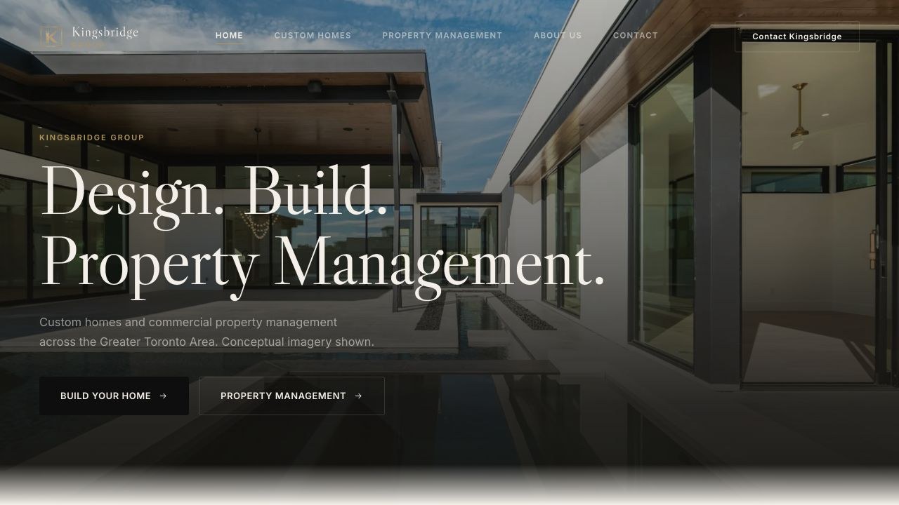 Kingsbridge homepage with separate home-building and property-management actions